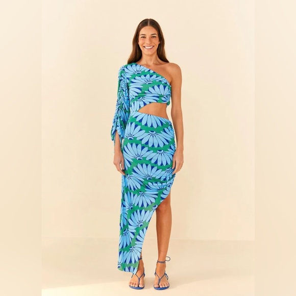 Farm Rio Copacabana Asymmetric Midi Cutout Dress Blue Green One Sleeve Small - Picture 4 of 11